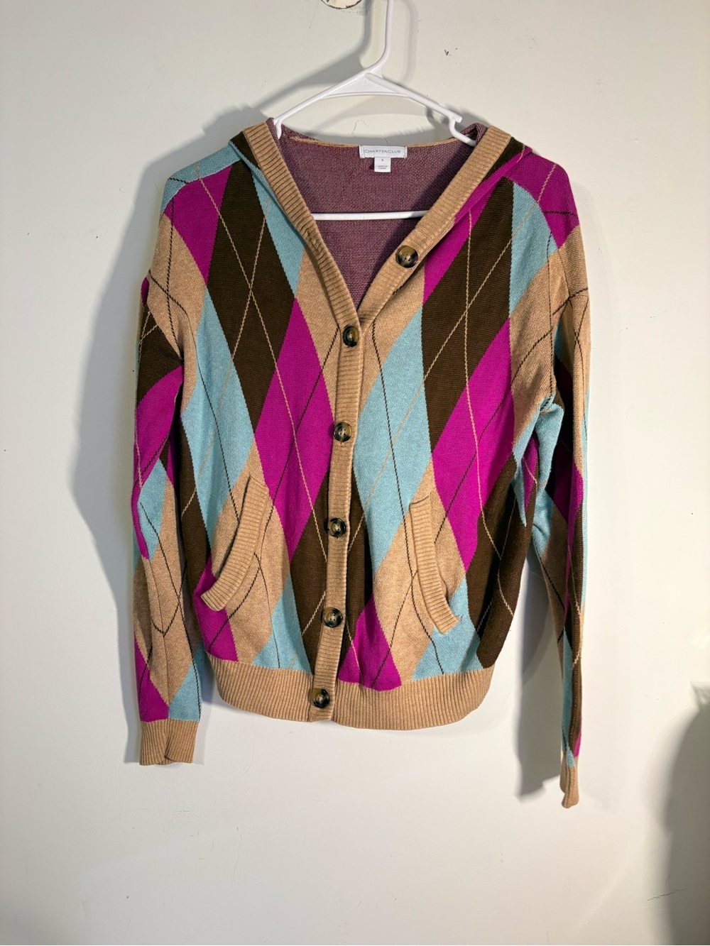 Charter Club Argyle Cardigan in Tan, Brown, Aqua, and Fuchsia